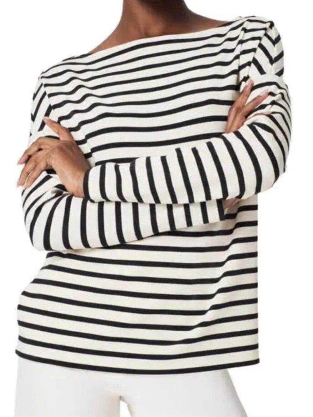 SPANX Long-Sleeve Cotton Boatneck Top Black Ecru Stripe 1X NWT